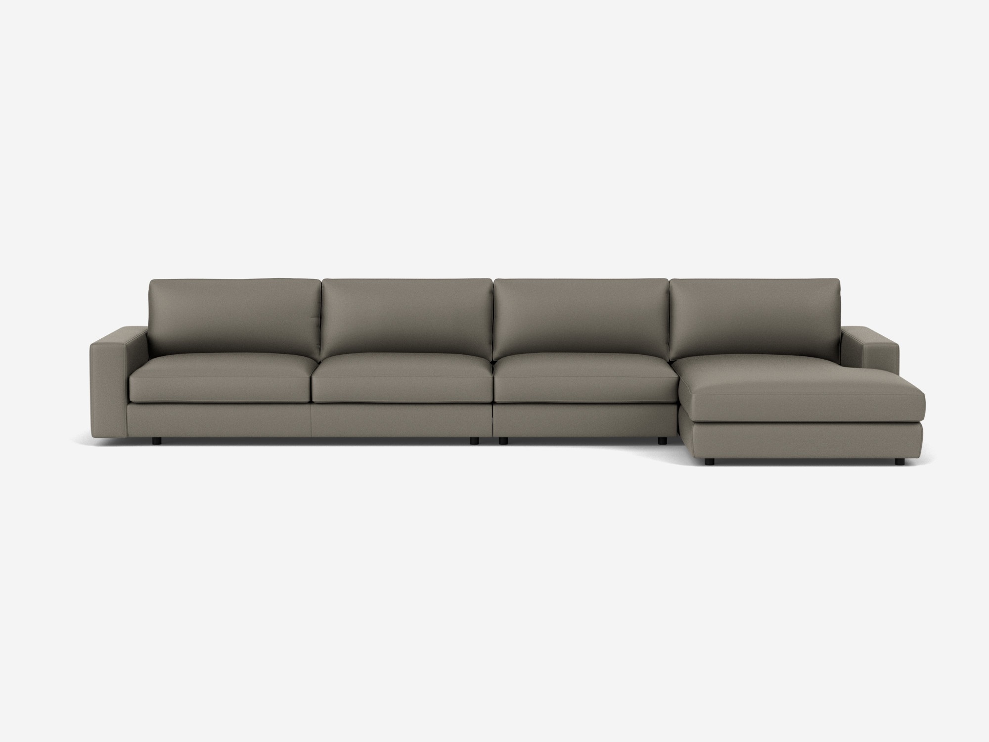 Front view of the modular sofa in grey leather with right hand chaise